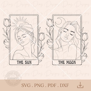 Carta tarot sol svg, archivo de corte tarot luna, mujer arte linea svg, diseño tarot luna png clipart, carta magica svg, celestial vector.