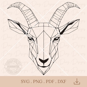 May include: Geometric line art design of a goat's head. The design is black and white and has a detailed, intricate look.