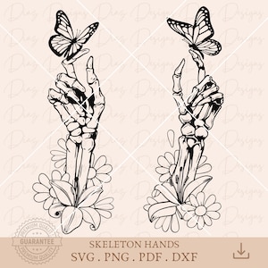 Mains squelettes fleurs svg, main squelette cricut, main squelette papillons png, main crâne halloween, fichier de découpe squelette halloween.