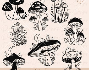 Mystical mushroom bundle svg, boho mushroom clipart, floral mushroom png, moon mushroom cricut, mushroom vector, fungus cricut, wicca png.