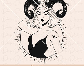 May include: Black and white line art illustration of a woman with a Capricorn zodiac symbol on her shoulder. She is wearing a sleeveless dress and has a crescent moon and stars in her hair. The text "Capricorn" and "SVG + PNG" is below the image.