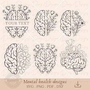 Floral brain svg, brain flowers clipart, mental health wildflowers svg, mind health cricut, anatomy svg, self love png, awareness clipart.