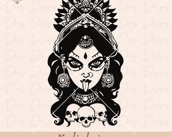 May include: Black and white illustration of Kali, a Hindu goddess, with a fierce expression, wearing a crown and jewelry, and holding skulls in her hands. The image includes the text "Kali design SVG + PNG".