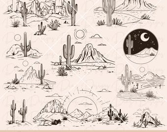 Desert landscape svg, desert scene vector, desert vector, cactus clipart, western desert svg, wild west png, desert cut file, arizona svg.