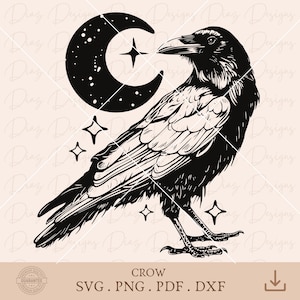 Mystical crow clipart, moon raven svg, raven tattoo png, halloween raven svg, crow tattoo cut file, mystical raven svg, gothic crow cricut.