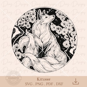 Zorro japones kitsune svg, kitsune yokai clipart, flores cerezo svg, archivo corte zorro kitsune, zorro nueve colas svg, kitsune vector.