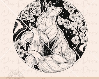 Japansk räv kitsune svg, kitsune yokai clipart, körsbärsblom svg, kitsune räv klippfil, niosvansad räv svg, kitsune vektor.
