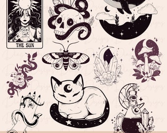 May include: A set of 10 mystical designs in black and white. The designs include a cat, a skull, a whale, a moth, a crystal, a mushroom, a bottle, a hand with a snake, a snake with flowers, and a tarot card with the sun.