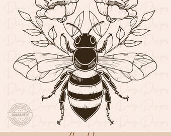 Pode incluir: Um desenho a preto e branco de uma abelha com as asas abertas, rodeada por duas flores. A abelha tem um corpo listrado e uma cara sorridente. As flores têm cinco pétalas cada uma e estão em flor. A imagem é intitulada "floral bee" e inclui o texto "SVG.PNG.PDF.DXF".