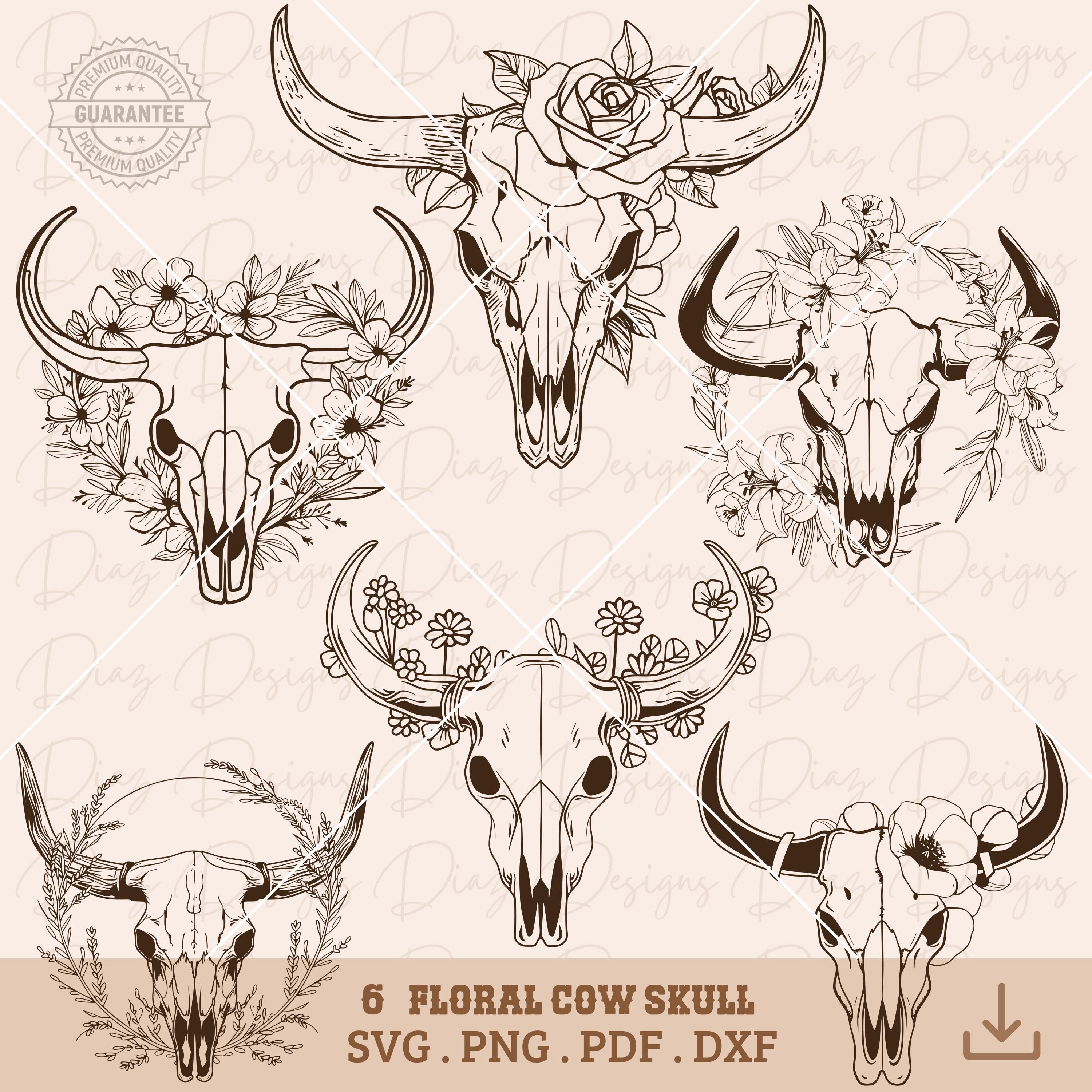 Floral Cow Skull Wild West Svg, Floral Bull Skull Cut File