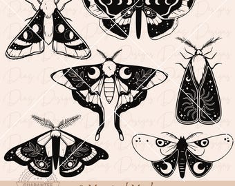 Moth moon cut file, mystical moth svg , celestial moth png, moth tattoo clipart, witch moth svg, moon phase png, gothic moth, boho moth png
