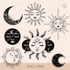 Puede incluir: Un conjunto de ocho ilustraciones en blanco y negro de sol y luna. Las ilustraciones presentan soles y lunas estilizados con los ojos cerrados y rasgos faciales. Las ilustraciones del sol tienen rayos que emanan de ellos. Las ilustraciones de la luna tienen forma de media luna. El texto "SVG + PNG" está en la parte inferior de la imagen.