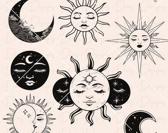 Sun and moon svg, mystical moon svg, celestial moon clipart, boho moon cricut, boho moon sun svg, sun celestial svg, mystical sun svg.