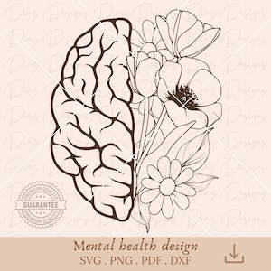 Floral brain svg, brain flowers clipart, mental health png, mind health cricut, anatomy svg, floral brain png, self love png, awareness svg.