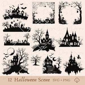 halloween scene svg, halloween town clipart, haunted house vector, cemetery svg, boo spooky png, witch mansion png, halloween house cricut.