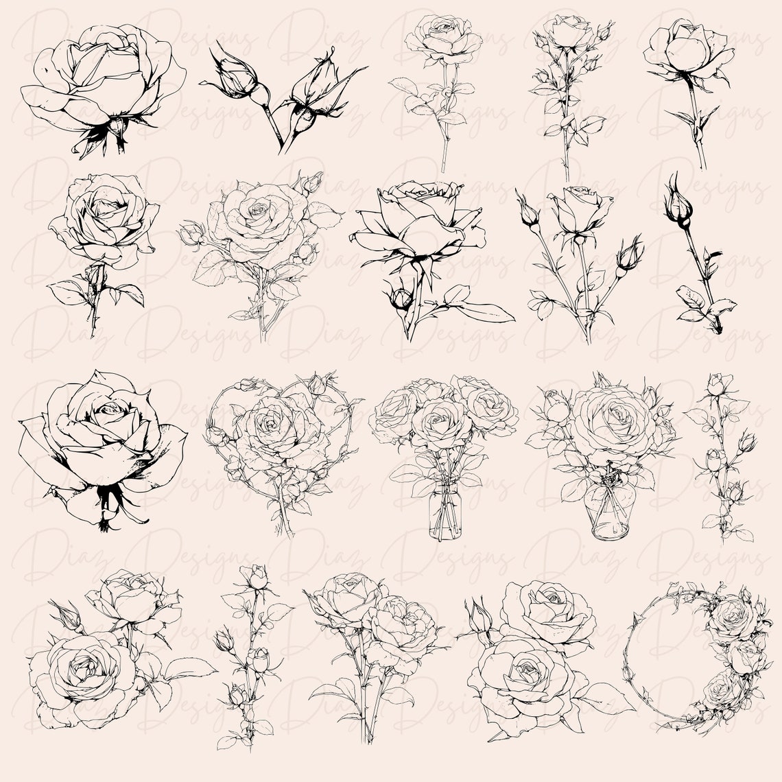 Rose Svg Bundle, Roses Clipart, Rose Png, Wildflower Svg, Floral Bundle ...