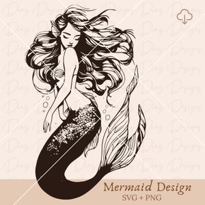 Dessins de sirène svg, dessin de sirène png, coloriage de sirène, clipart de sirène, fichier de découpe de sirène, coquillages png, clipart de vie marine.