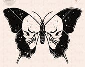 Mariposa calavera svg, mariposa tatuaje clipart, mariposa cricut, mariposa boho vector, archivo corte calavera, polilla tatuaje clipart