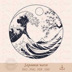 May include: A black and white circular design featuring a stylized Japanese wave, Mount Fuji, and cherry blossoms. The image includes the text "Japanese wave" and file type options: SVG, PNG, PDF, and DXF.