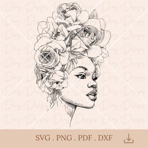 Puede incluir: Un dibujo lineal en blanco y negro del rostro de una mujer, adornado con un tocado floral de rosas. La imagen tiene el texto "SVG. PNG. PDF. DXF" en la parte inferior, indicando formatos de archivo.