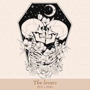 Tarocchi Scheletro degli Amanti SVG, Tarocchi del Teschio PNG, File di taglio dei Tarocchi degli Amanti Gotici, Vettore Scheletro di Luna, Scheletro di San Valentino PNG