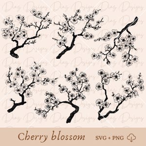 Kirschblüten SVG, Kirschzweig Clipart, Wildblumen Clipart, Kirschblüten Schneidedateien, Pflanzen SVG, botanischer Cricut, Kirschbaum PNG.