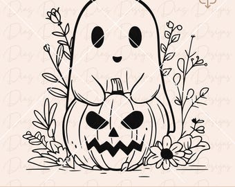 Cute ghost pumpkin png, ghost flower svg, funny halloween png, funny floral ghost outline vector, spooky season svg, trick or treat cricut.
