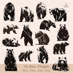 Ours montagne svg, positions d'ours vectorielles, ours grizzly svg, clipart silhouette d'ours, ours ciel nocturne png, fichier de découpe d'ours sauvage, papa ours svg.