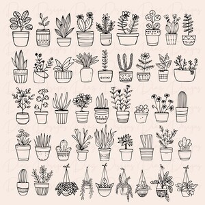 May include: A set of 40 black and white line drawings of potted plants. The plants are drawn in a simple, doodle style and include a variety of species, such as succulents, cacti, ferns, and leafy plants. The pots are also drawn in a variety of styles, including plain, patterned, and hanging.