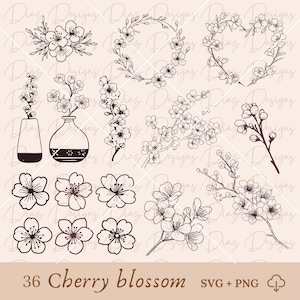 Kersenbloesems svg, kersentak clipart, wilde bloemen clipart, kersenbloesem snijbestanden, planten svg, botanische cricut, kersenboom png.