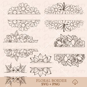 Floraler geteilter Rand SVG, geteilter Namensrahmen PNG, botanischer Kranz Cricut, florale Elemente SVG, Hochzeitskranz PNG, floraler Namensrahmen.