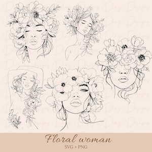 Bloemenvrouw svg, bloemenvrouw png, bloemensnijbestand, botanische vrouw vector, tatoeage svg, wilde bloemen clipart, fijne lijntekeningen svg