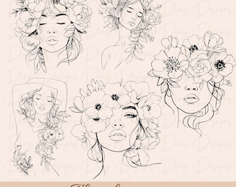 floral woman svg, floral woman clipart cut file, woman line svg, flower floral head svg, woman floral face svg, women fine line drawing svg
