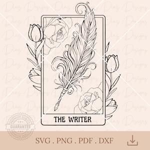 Carta tarot escritor svg, diseño tarot pluma escribir clipart, amante lectura vector, bruja png, mistico png, Pluma estilográfica svg.