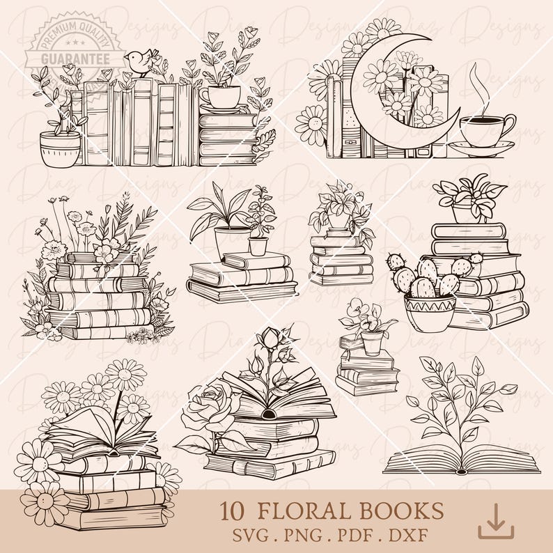 May include: A set of 10 black and white line drawings of floral book stacks. Each stack features a different floral arrangement, including roses, leaves, and birds. The text "10 FLORAL BOOKS" is at the bottom of the image.