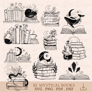 Mystieke boek SVG, maan boek PNG, hemelse boek clipart, bloemen lezen SVG, boek minnaar gesneden bestand, bibliotheek SVG, boekhandel vector