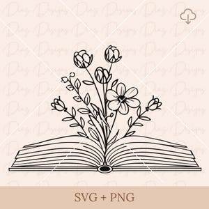 Bloemenboek svg, open boek bloemen png, botanische boek clipart, bloemen lezen svg, boekenliefhebber svg, bibliotheek svg, boekwinkel vector.