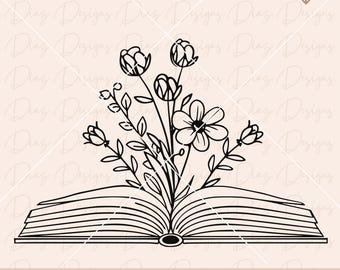 May include: A black and white line drawing of an open book with a bouquet of flowers growing from the pages. The flowers have simple, rounded petals and leaves.