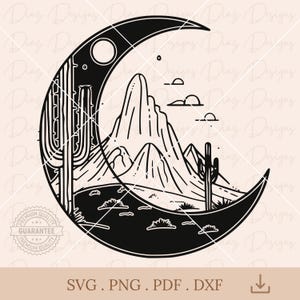 Pustynny krajobraz SVG, pustynny księżyc SVG, wektor sceny pustynnej, cliparty księżyca, scena kaktusa SVG, krajobraz kaktusa PNG, zachodnia pustynia.
