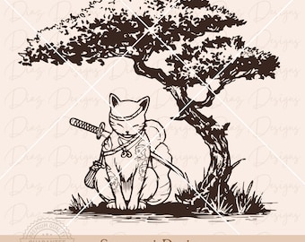 Samurai cat svg, Japanese samurai cat png, samurai tree sakura cut file, samurai sword clipart, japanese warrior vector, samurai tattoo svg.