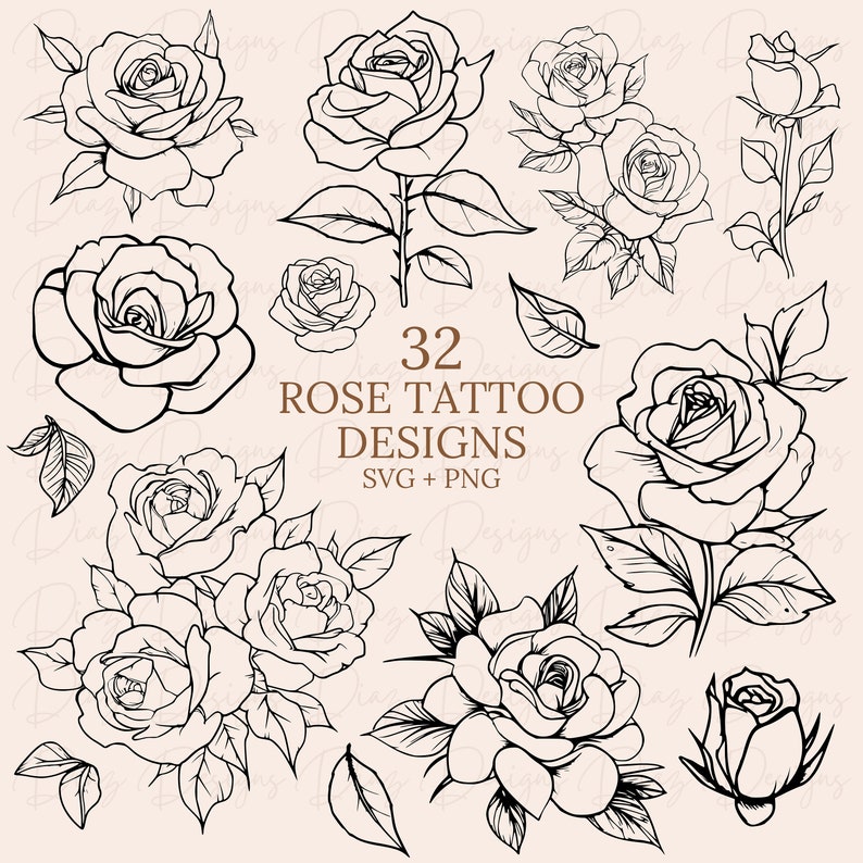 May include: A set of 32 black and white rose tattoo designs. The designs are in a variety of styles, including traditional, realistic, and abstract. The designs are perfect for anyone looking for a unique and beautiful tattoo.