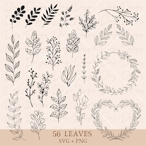 Feuilles svg, branche svg, verdure svg, bordure de feuille svg, vecteur de feuilles, clipart de feuille d’art en ligne, jardin svg, svg botanique, feuilles dessinées à la main