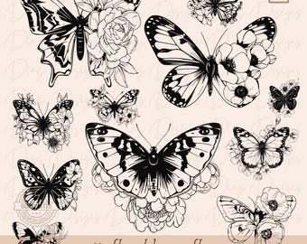 May include: A set of 11 black and white floral butterfly illustrations. The butterflies are surrounded by flowers and leaves. The text "11 floral butterfly SVG. PNG. PDF. DXF" is at the bottom of the image.