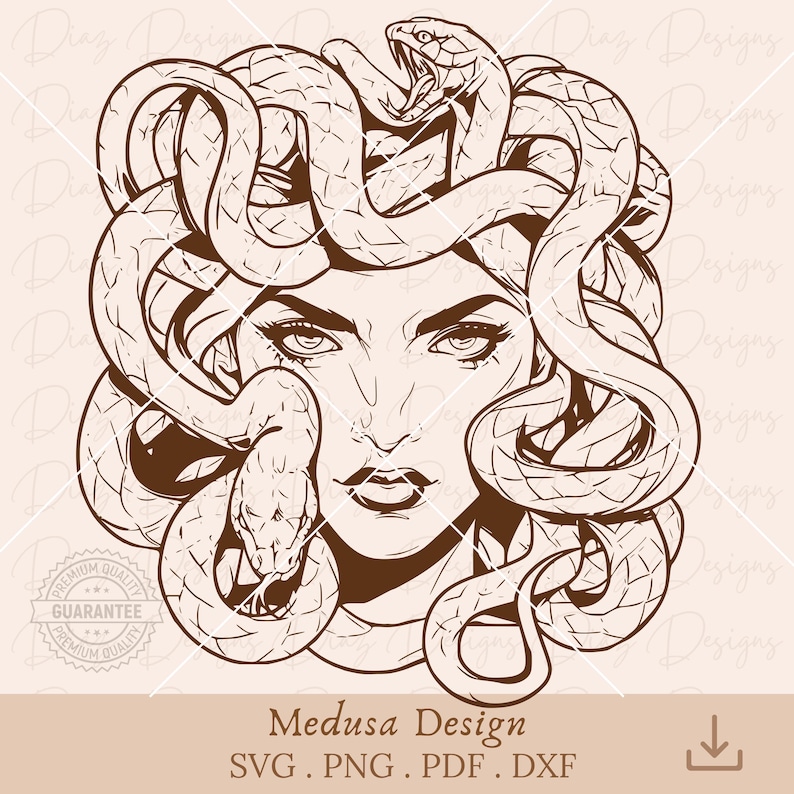 May include: A black and white line art illustration of Medusa, a mythical Greek figure with snakes for hair. The image is a digital download for crafting projects.