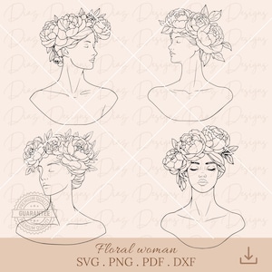 Scultura di donna floreale in formato SVG, Testa di donna con fiori in formato SVG, File di taglio clipart di statua di donna, Linea botanica di donna in formato SVG, Donna con linea sottile in formato SVG.