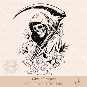 Sensenmann-Skelett SVG, Todes-SVG, Gothic-Totenkopf-SVG, Sensenmann-Tattoo PNG, Totenkopf-Tattoo PNG, Sensenmann-Schnittdatei, Halloween-Totenkopf-SVG.