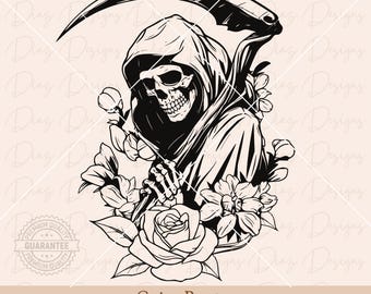 死神の骸骨 SVG、死 SVG、ゴシック スカル SVG、死神のタトゥー