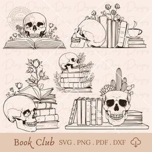 Peut inclure: Quatre illustrations en noir et blanc de crânes avec des livres et des fleurs. La première image montre un crâne avec un livre ouvert devant lui et des fleurs de chaque côté. La deuxième image montre un crâne avec une pile de livres derrière lui et des fleurs sur le dessus. La troisième image montre un crâne avec une pile de livres derrière lui et une plante de cactus sur le côté. La quatrième image montre un crâne avec une pile de livres derrière lui et des fleurs sur le côté. Le texte "Book Club" est en bas de l'image.