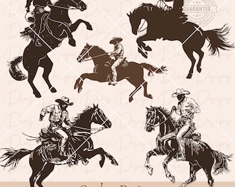 レトロなカウボーイの馬の SVG、カウボーイ ロデオのクリカット、乗馬馬のクリップアート、西部のカウボーイのカット ファイル、ワイルド ウェストのクリカット、牧場の SVG。