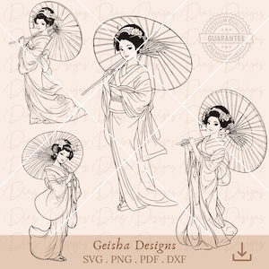 Geisha sakura svg, conception de kimono geisha png, clipart geisha japonaise, fleurs geisha svg, fichier de découpe geisha, parapluie geisha cricut.